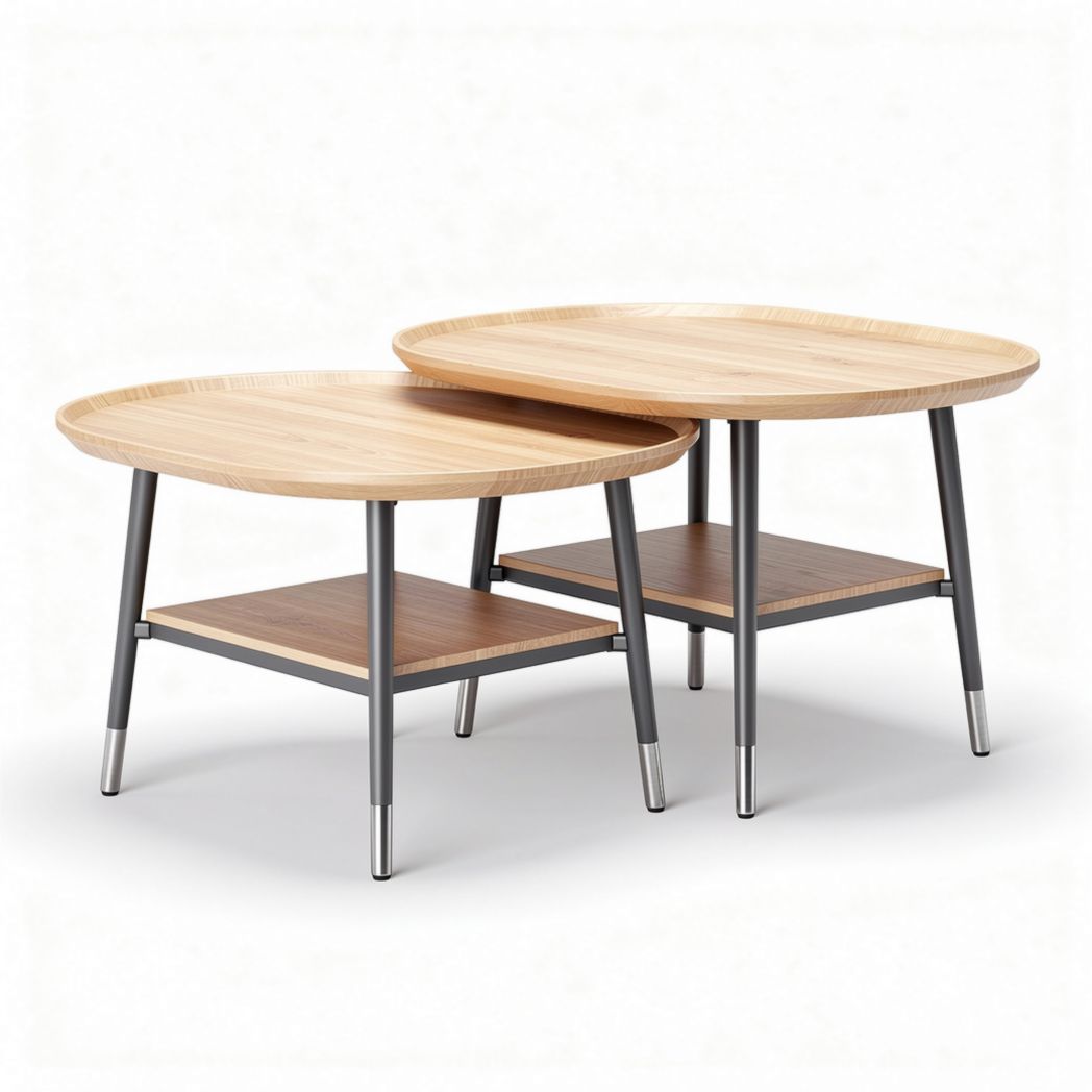 Wooden round coffee tables with metal legs and lower shelf 45 x 45 x 40cm