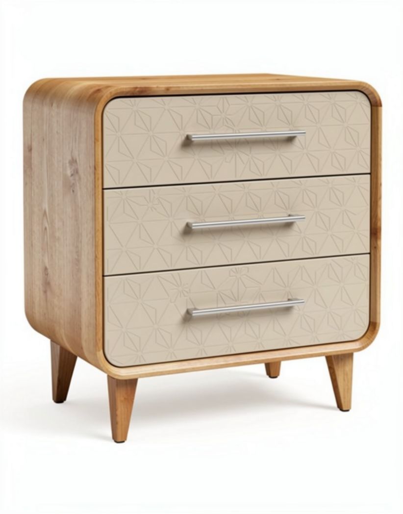 Bamboo nightstand with three drawers in beige finish and modern design
