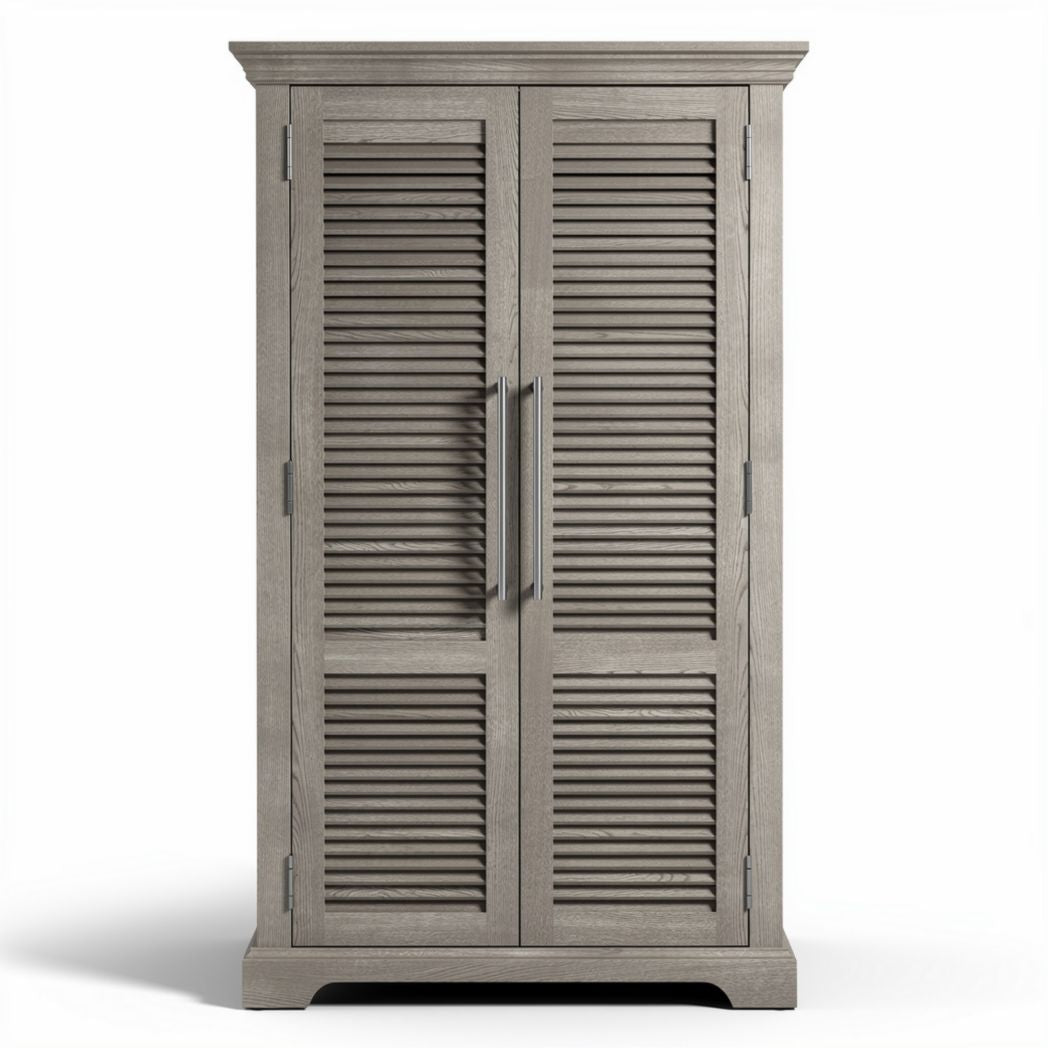 Grey wooden storage cabinet with louvered doors 80 x 40 x 180cm