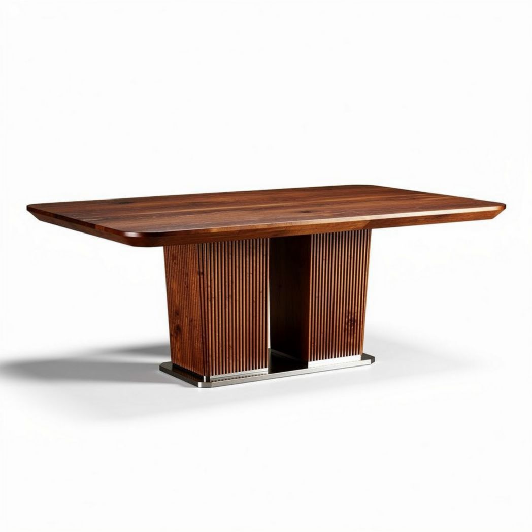 Wooden dining table with ribbed base 200 x 100 x 75cm walnut finish