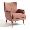 Mid-century modern accent chair with wooden armrests and fabric upholstery in pink