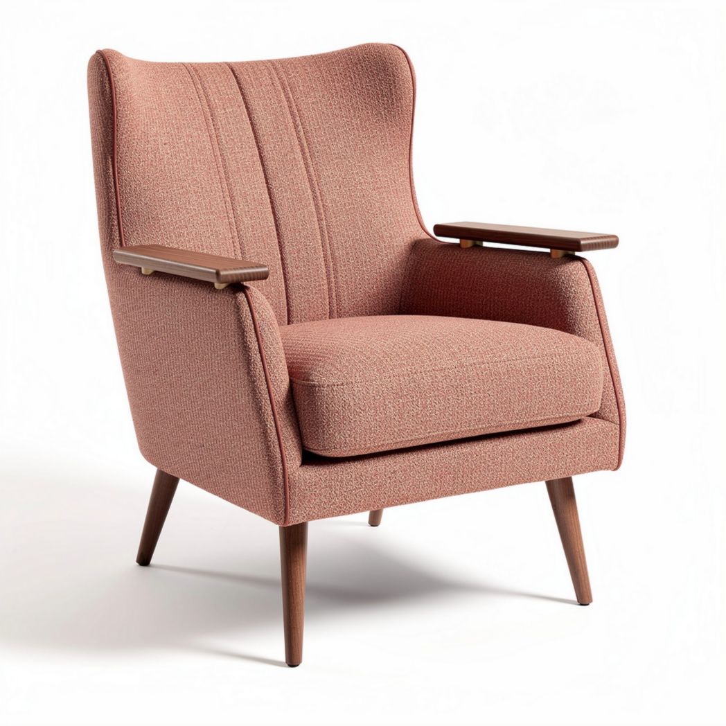 Mid-century modern accent chair with wooden armrests and fabric upholstery in pink