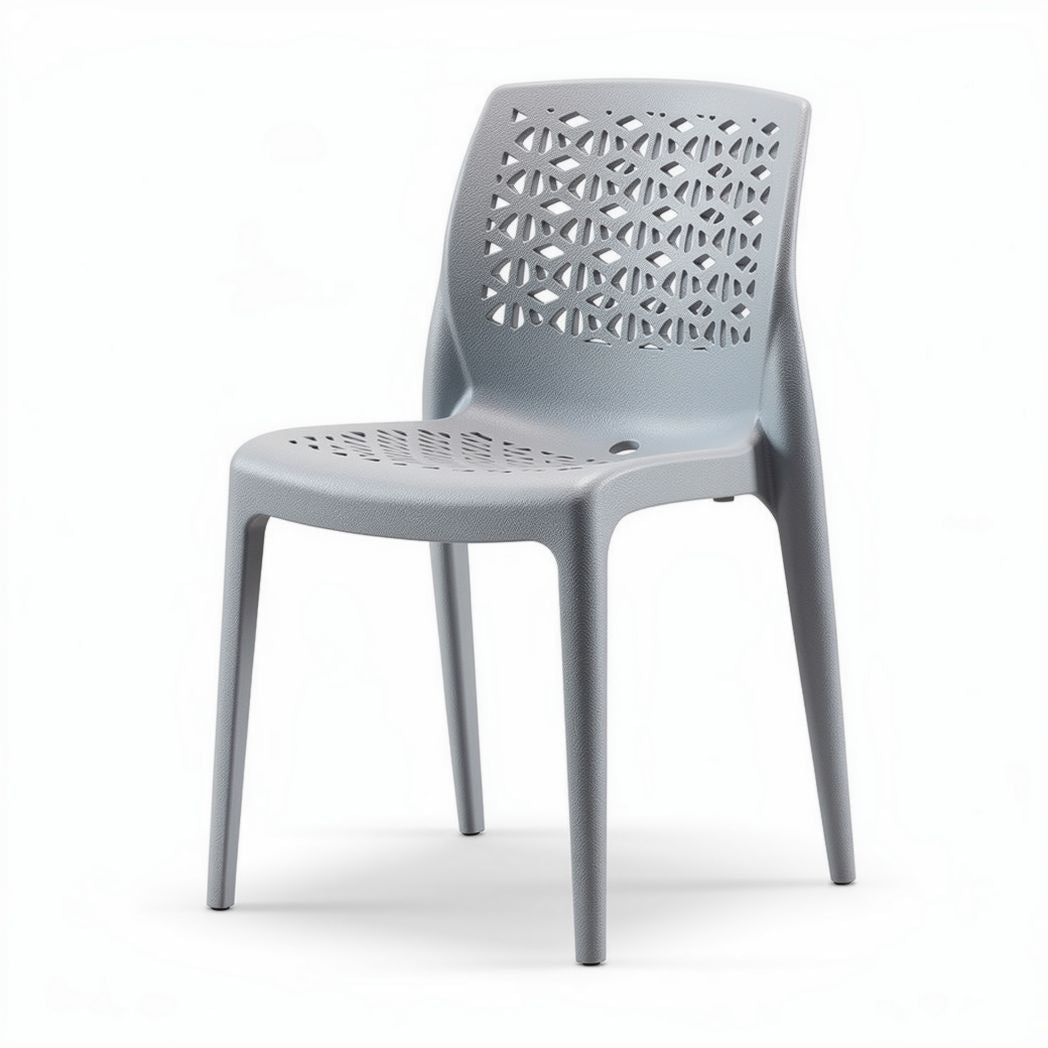 Gray outdoor stacking chair made of durable plastic with a geometric design 42 x 46 x 83cm