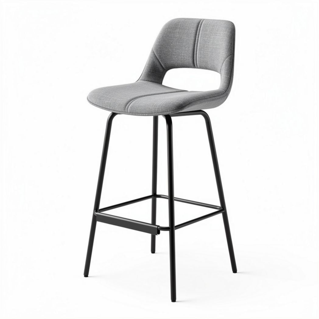Gray upholstered bar stool with metal legs and back support 45 x 45 x 95cm